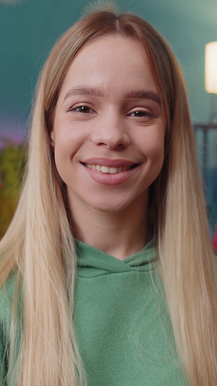 Happy calm woman smiling friendly glad expression feel satisfied concept good news celebrate win