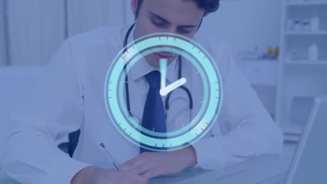 Animation-of-digital-clock-over-doctor-taking-notes