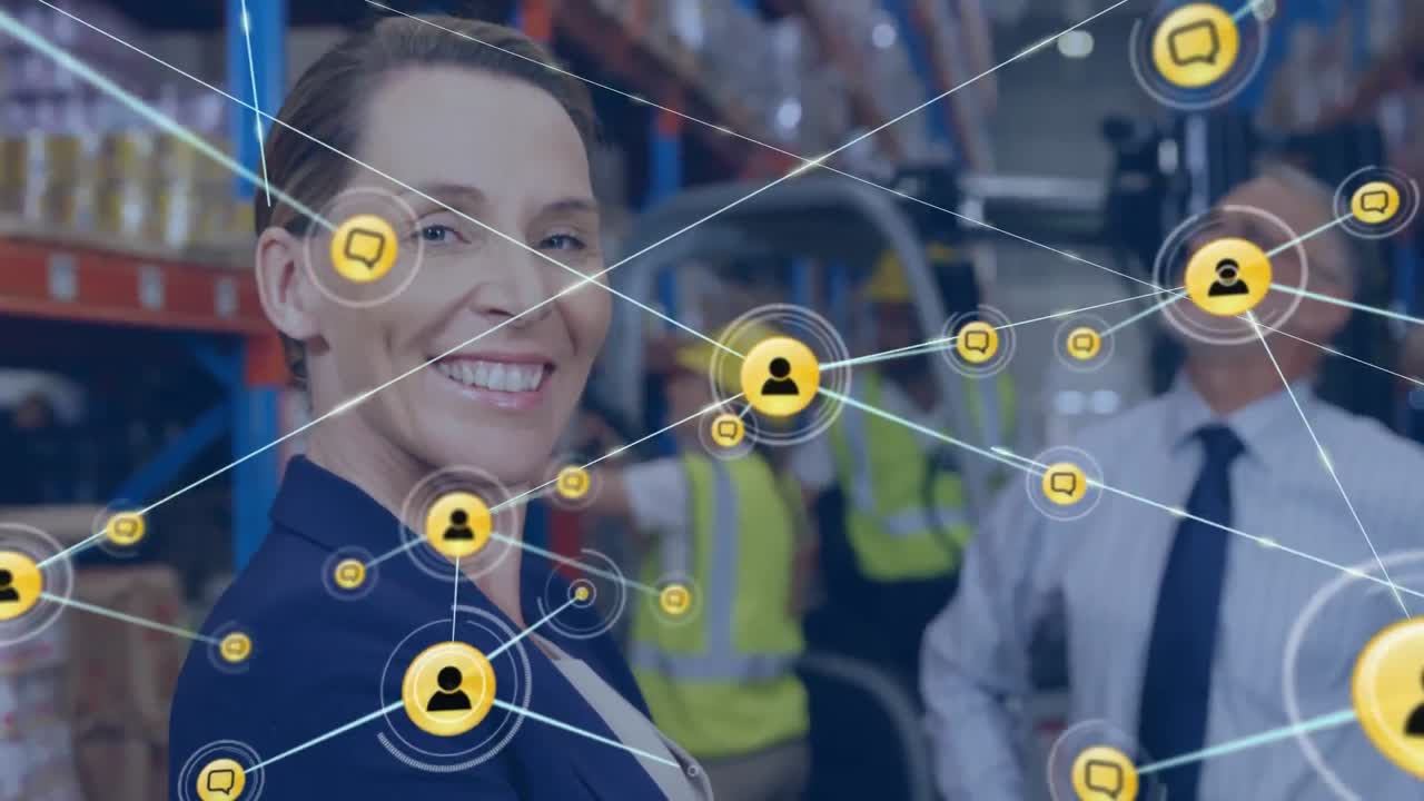 animación de la red de conexiones con iconos sobre diversas personas que trabajan en el almacén