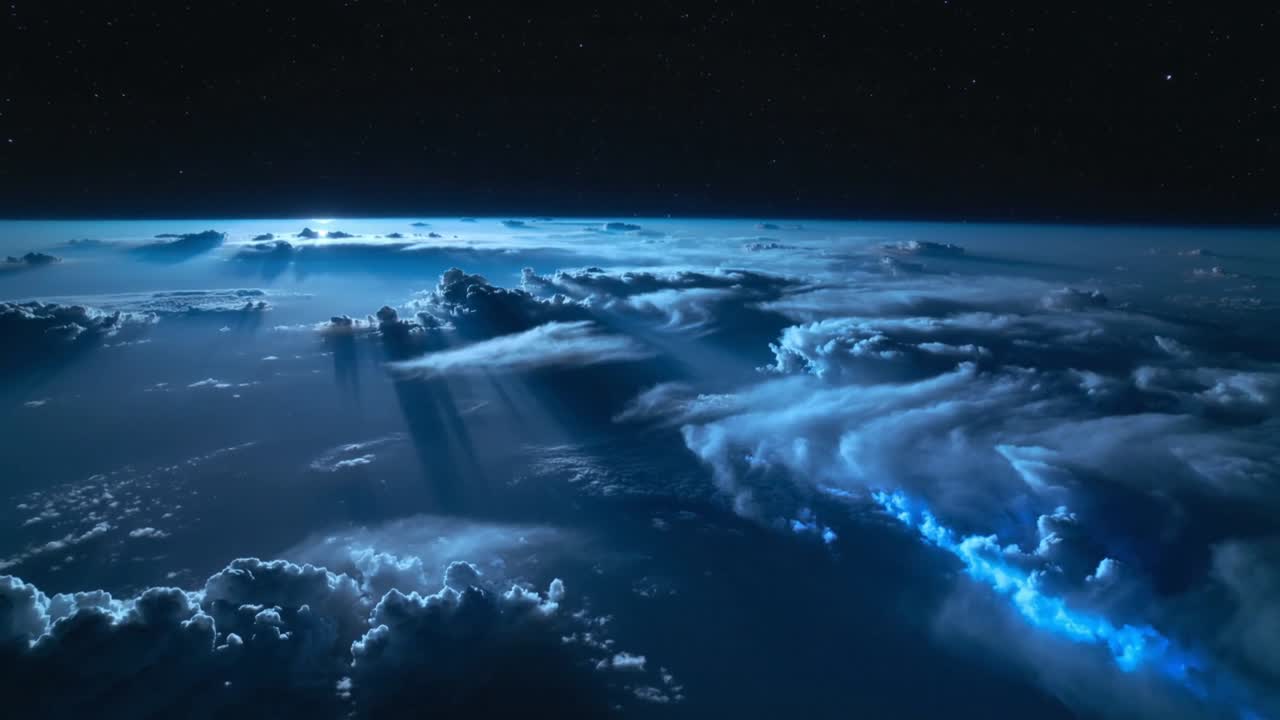 Camera tracking forward, cloud tops shifting, electric-blue aurora pulsing, showcasing space tech