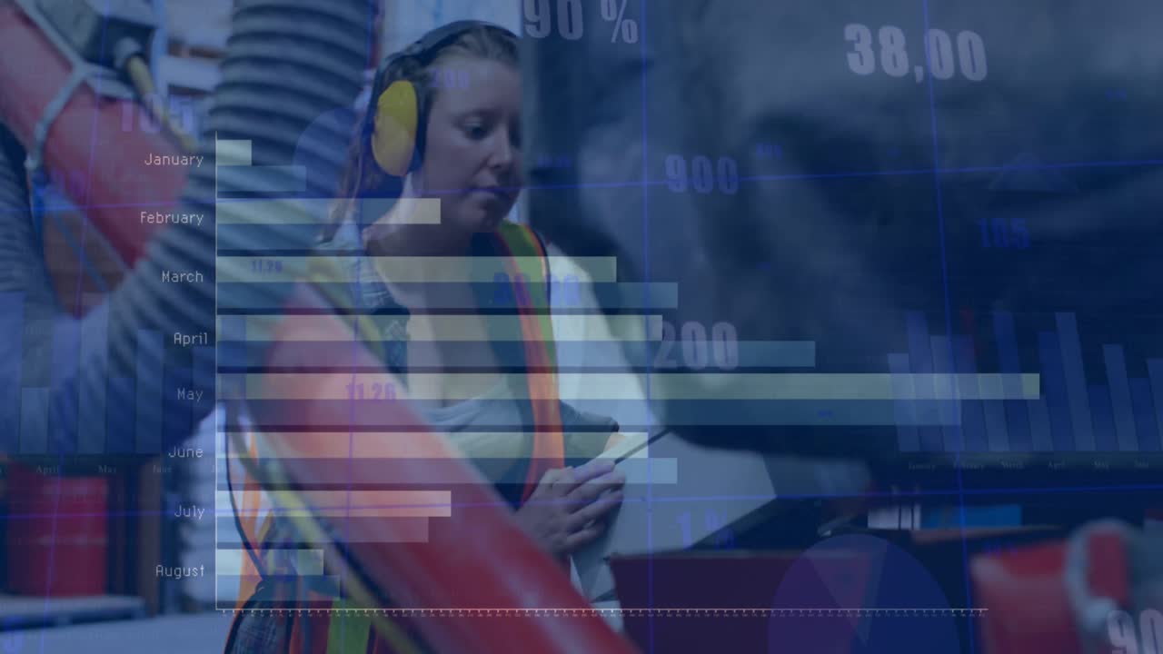 animación del procesamiento de datos financieros y estadísticas sobre mujeres caucásicas que trabajan en fábricas