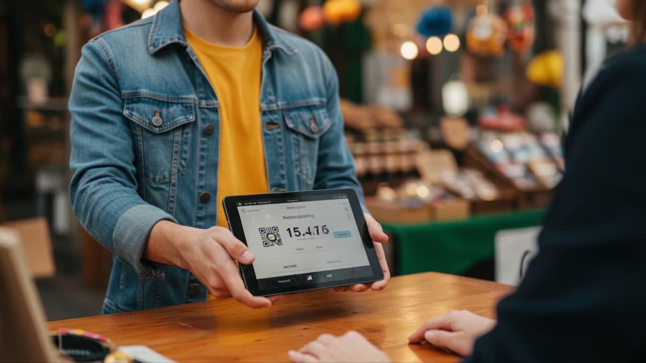 A Customer Engages in a Cashless Transaction Using a Touchscreen Device to Display a QR Code Payment at a Vibrant Market Setting