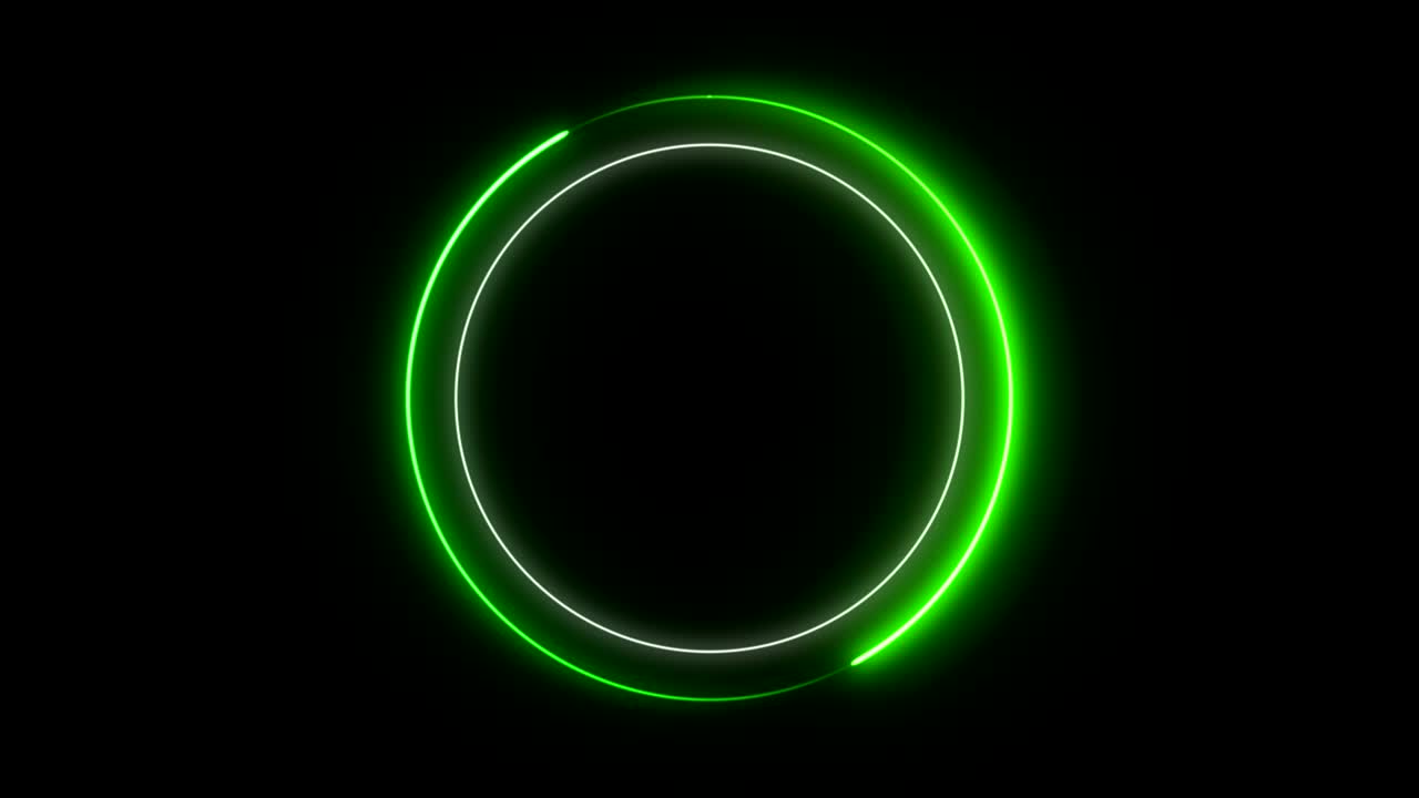 animación de luz. verde neón, círculo parpadeante y brillante, marco, sobre un fondo negro