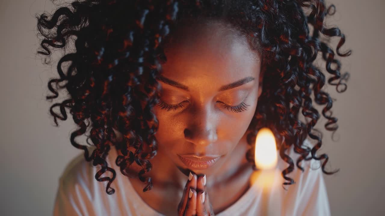 A serene close-up video shot of a person with curly hair, eyes closed, praying with a candle