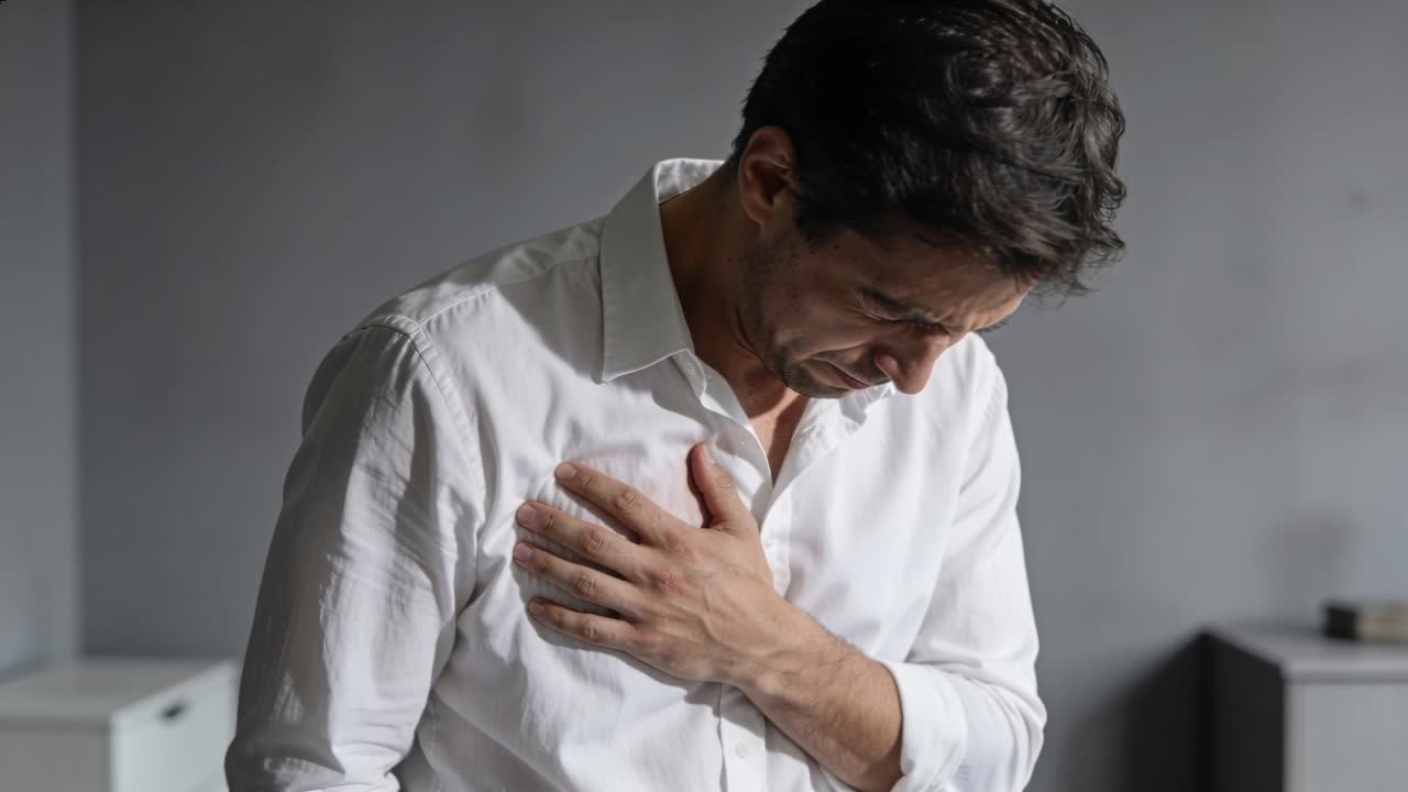 Clutching adult male in white shirt feeling chest pain, pressing left chest, bowing in gray room