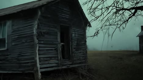 wind swaying through an abandoned wooden shack in a field creates an eerie atmosphere in a rural landscape