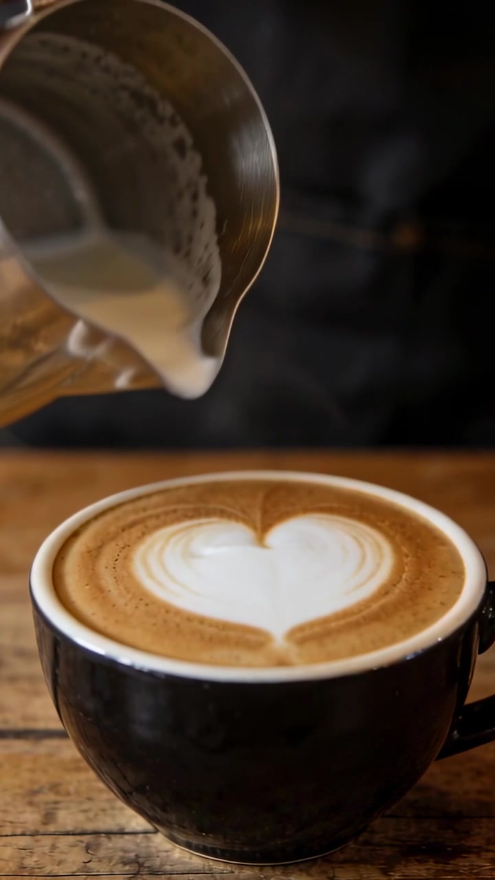Vertikal video: Barista hælder og vipper stålkande over sort kop på disk, danner et lattehjerte