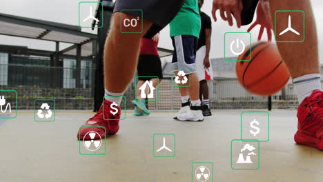 animation of multiple icons over diverse people practicing basketball in outdoor court