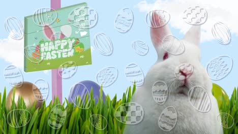 video compuesto de iconos de huevos de pascua contra el conejo de pascua, la hierba verde y los huevos de pascua