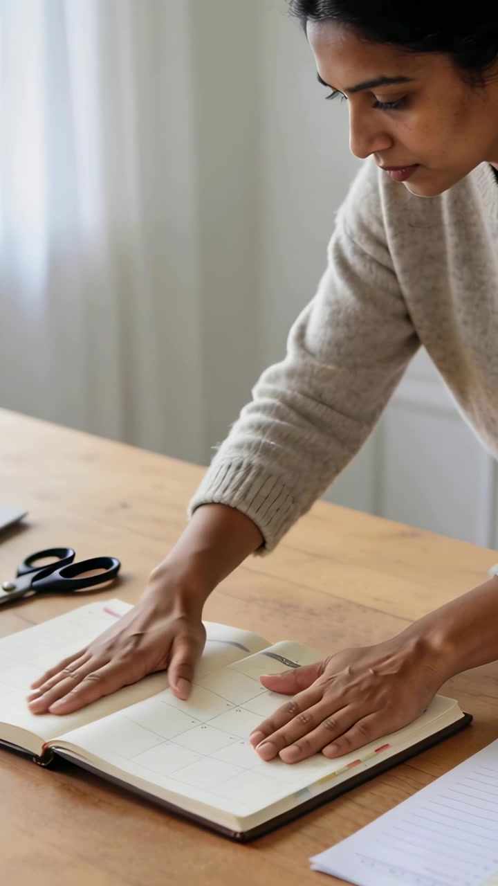 Vertical video: Leaning Indian woman smoothing agenda at home in sweater, preparing plan
