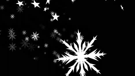 Animation-Von-Weihnachtssternen-Und-Schneeflocken,-Die-Auf-Schwarzen-Hintergrund-Fallen