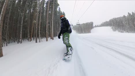 Male-snowboarder-riding-through-fresh-powder-next-to-trees