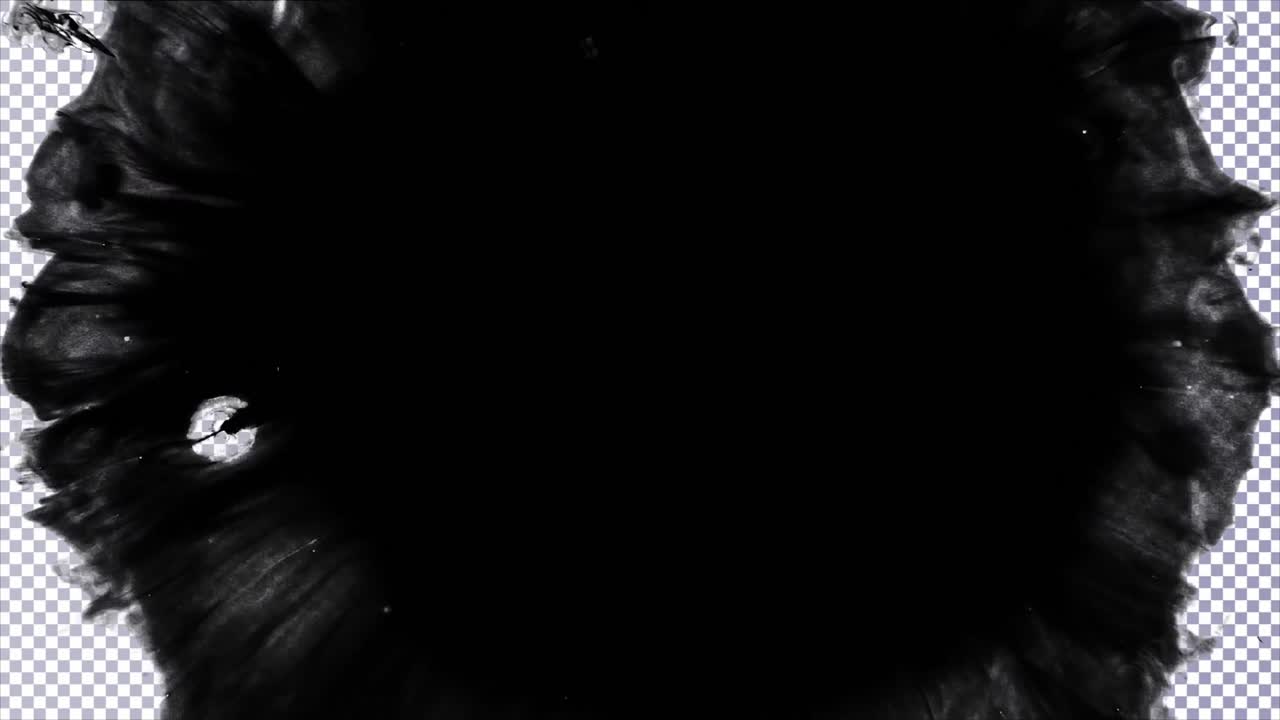 Inchiostro nero che si diffonde e riempie l'inquadratura come maschera alfa