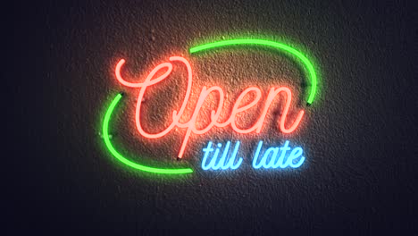 Realistic-3D-render-of-a-vivid-and-vibrant-animated-neon-sign,-with-the-words-Open-Till-Late-illuminated,-with-a-concrete-wall-background