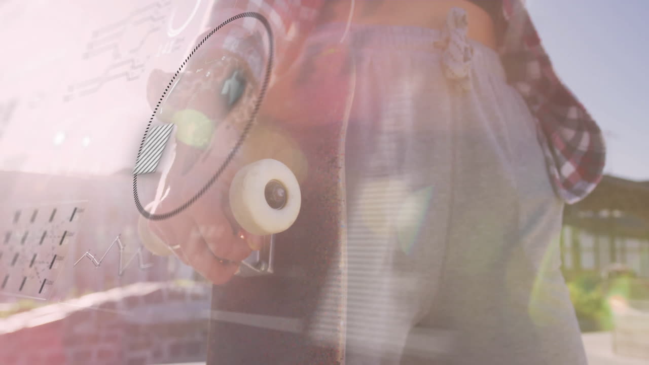 Woman holding skateboard outdoors, interacting with floating data charts for marketing