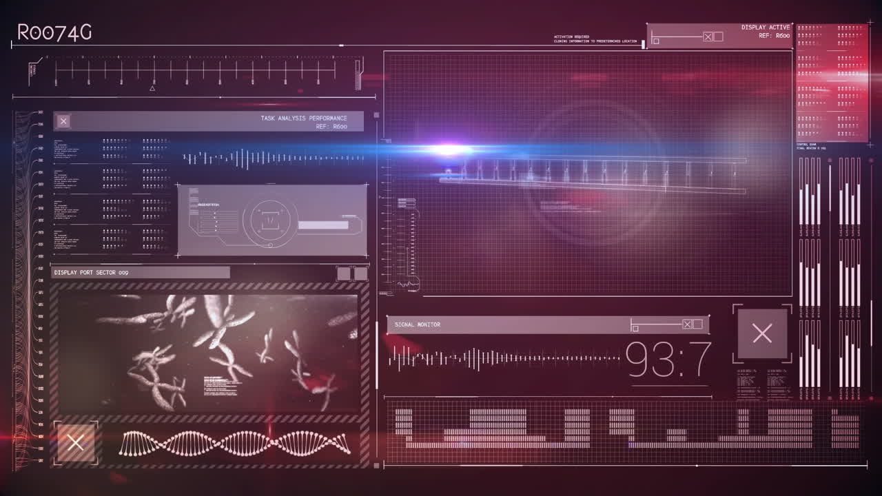 Animation of data processing over screen on black background