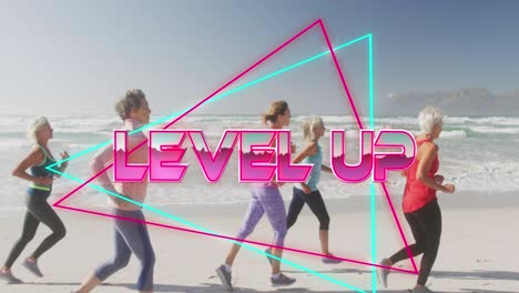 animation of text level up, in shiny pink, with women running on beach