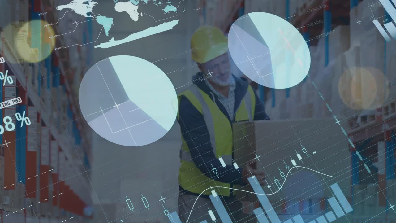 animación de gráficos y datos financieros sobre un trabajador de almacén caucásico