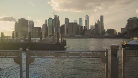 Gimbal-shot-of-lower-manhattan-waterfront-at-sunset