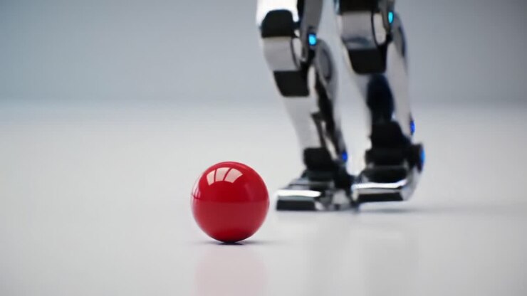 A Futuristic Robot Approaches a Bright Red Ball, Showcasing Advanced Robotic Movement and Precision in a Minimalist Environment