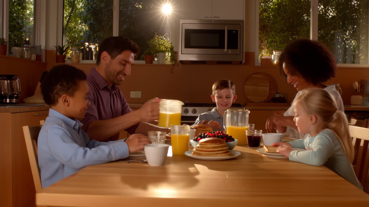 Family eating breakfast together in the kitchen