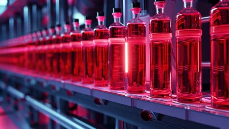 automated bottling line with red liquid