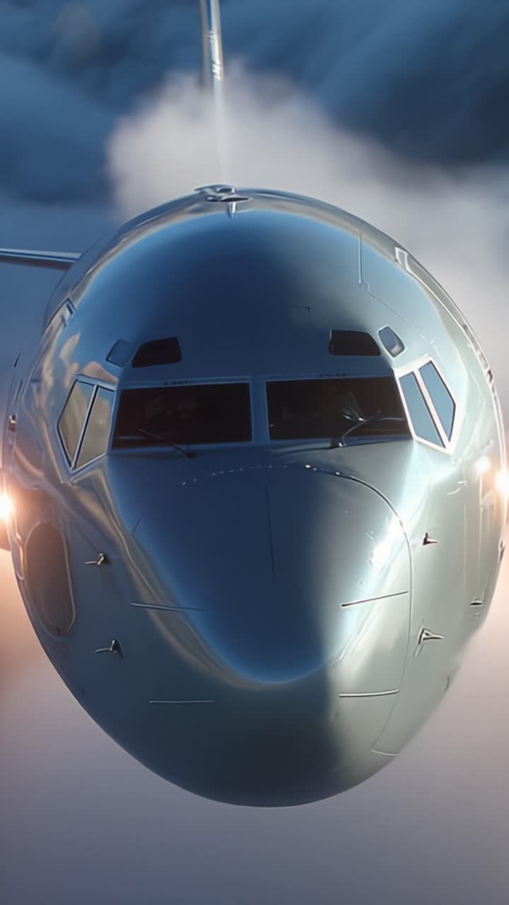 Meraviglia dell'aviazione: Elegante aereo in vista frontale che scivola tra le nuvole, catturando l'essenza del design e dell'ingegneria aeronautica moderna in un'illuminazione e atmosfera drammatiche.