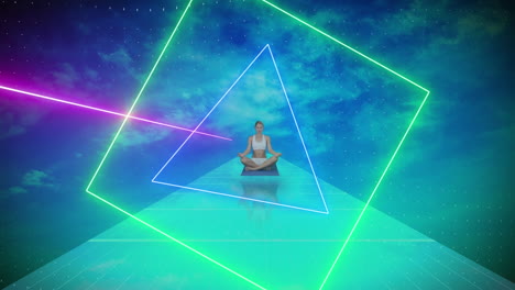 animation of shapes over caucasian woman practicing yoga and meditating