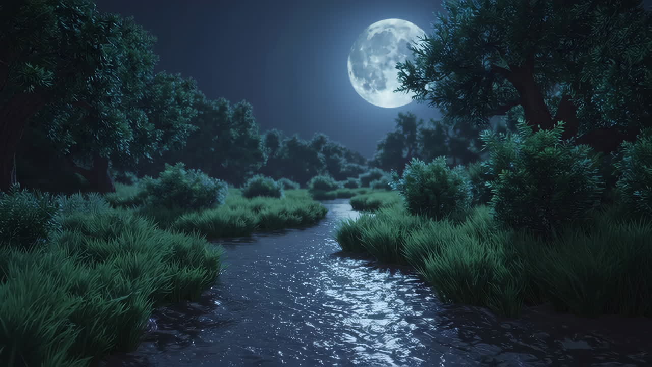 Scena di un fiume nella foresta illuminato dalla luna