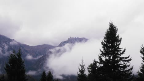 Toma-Panorámica-De-Izquierda-A-Derecha-De-Una-Cresta-De-Montaña-Brumosa-Con-Pinos-En-Primer-Plano