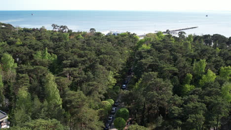 Drone-descends-over-forested-beach-and-street-towards-dock-at-jurata-poland