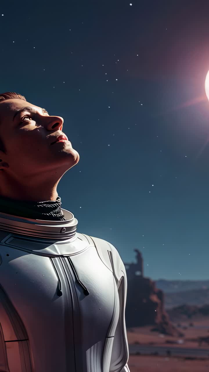 Vertical video: Reacting to bright orb, explorer in suit tilting head, smiling on plain, copy space