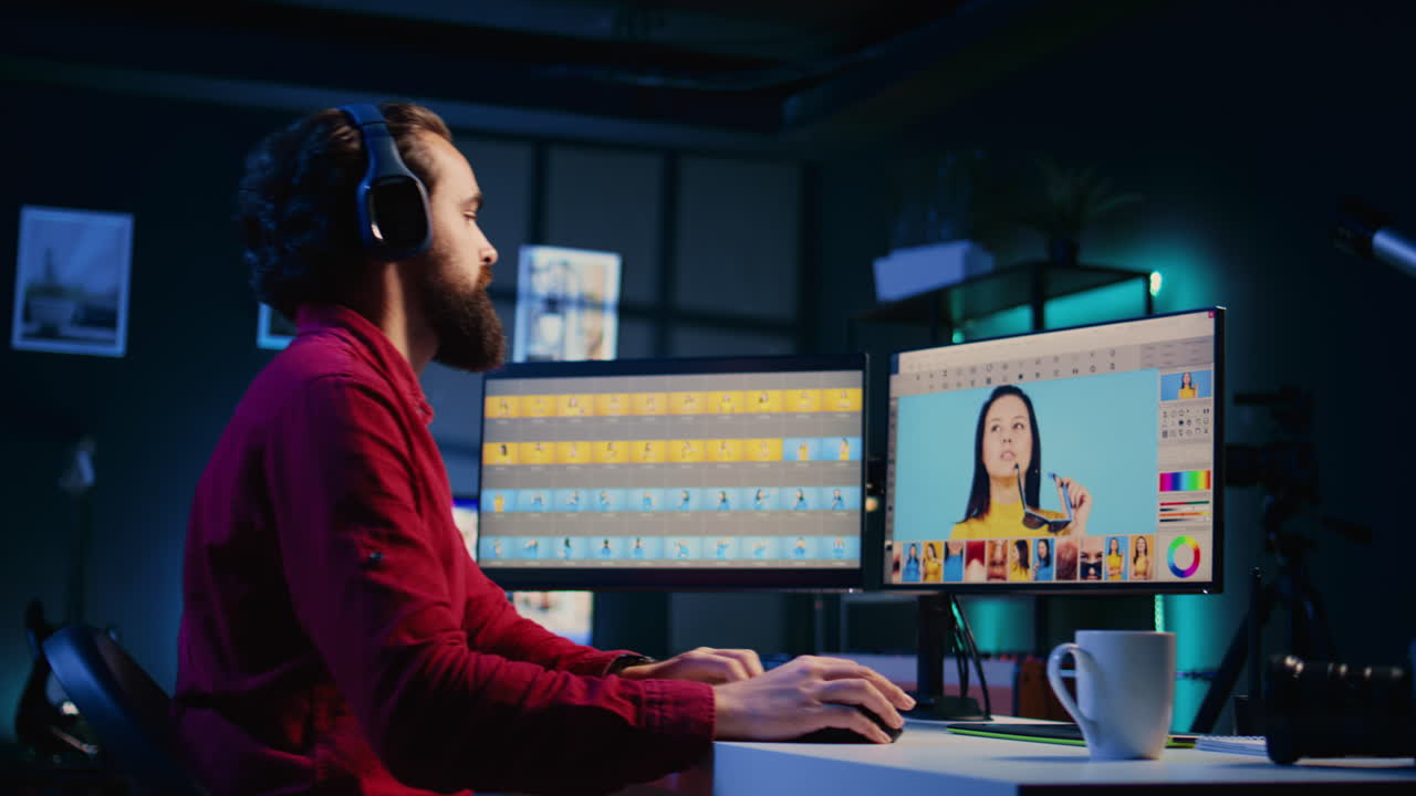 Freelancer using photographs retouching program, hearing songs through headphones