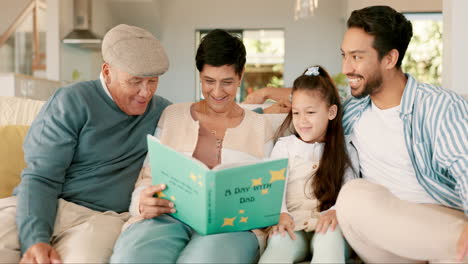 grandparents, girl child and book on sofa