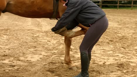 Woman-checking-her-horses-hoof-in-paddock