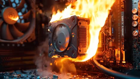 una placa base de computadora con un ventilador en llamas en el medio de ella