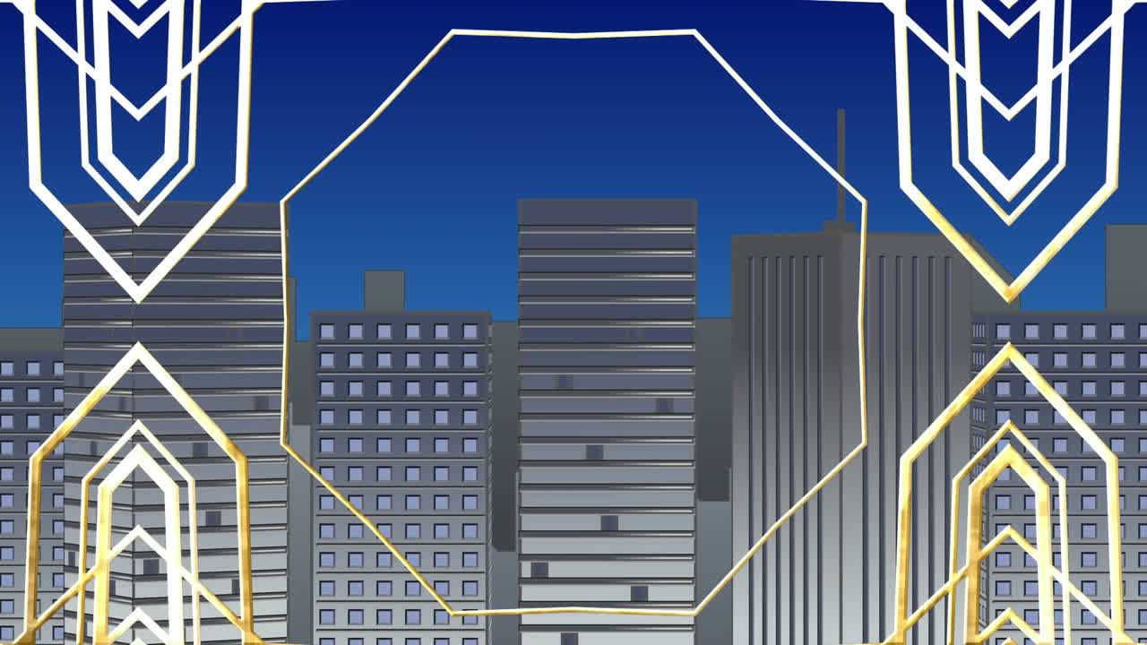 Animazione di molteplici forme geometriche dorate su un modello 3D di paesaggio urbano, su sfondo blu.