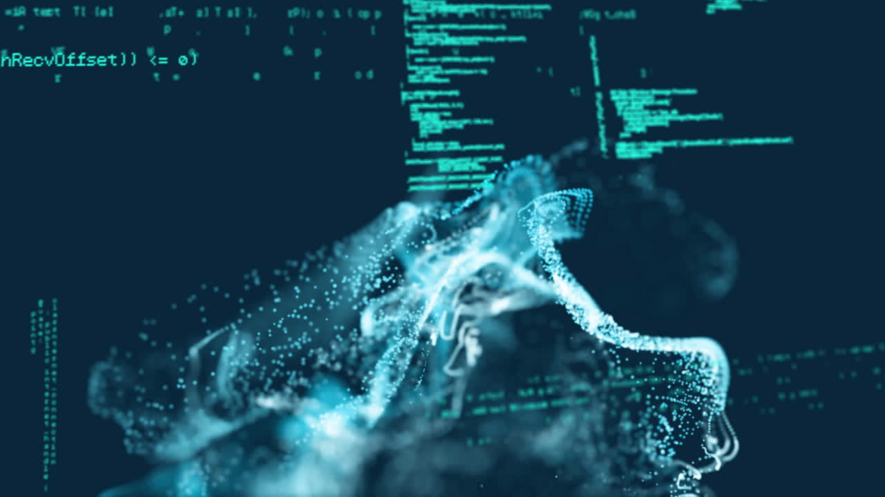 Animation of shapes with light spots over data processing on black background