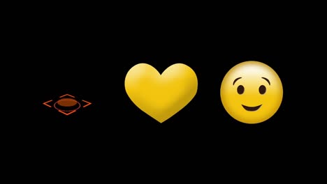 Animación-Digital-De-Emoji-De-Cara-De-Beso,-Corazón-Amarillo-E-Icono-De-Alcance-Contra-Fondo-Negro