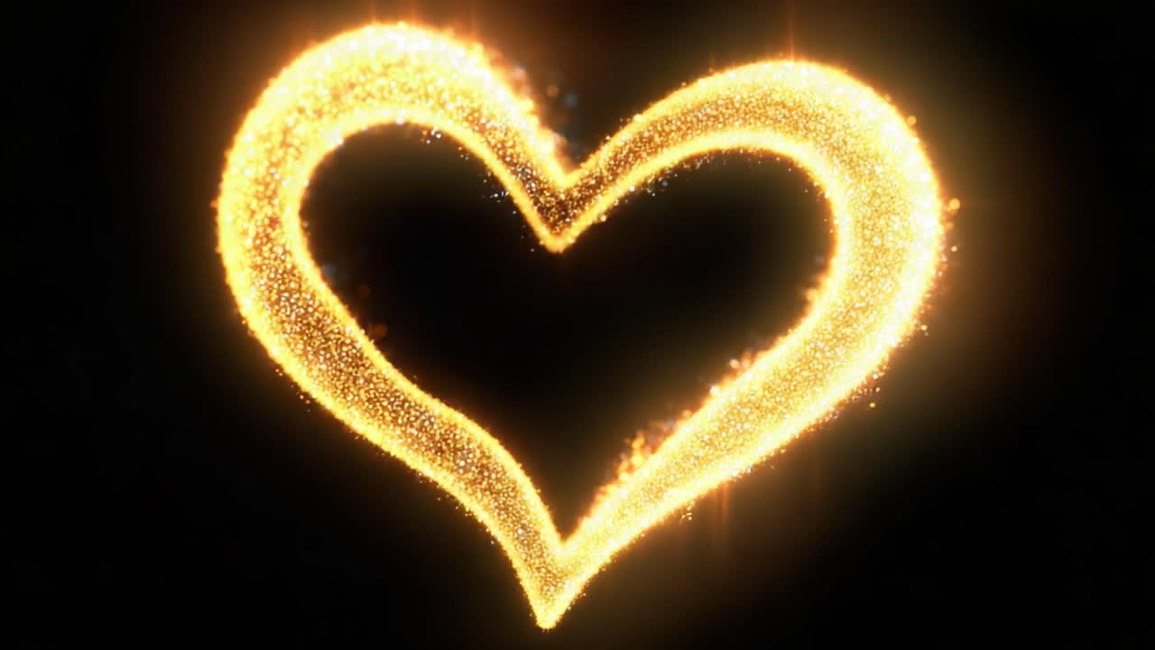 Forma di cuore illuminata fatta di particelle scintillanti che brillano su uno sfondo scuro, catturando l'essenza dell'amore e del calore, emanando un'aura incantevole
