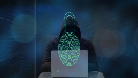 procesamiento de datos de seguridad cibernética contra un hacker masculino que usa una computadora portátil