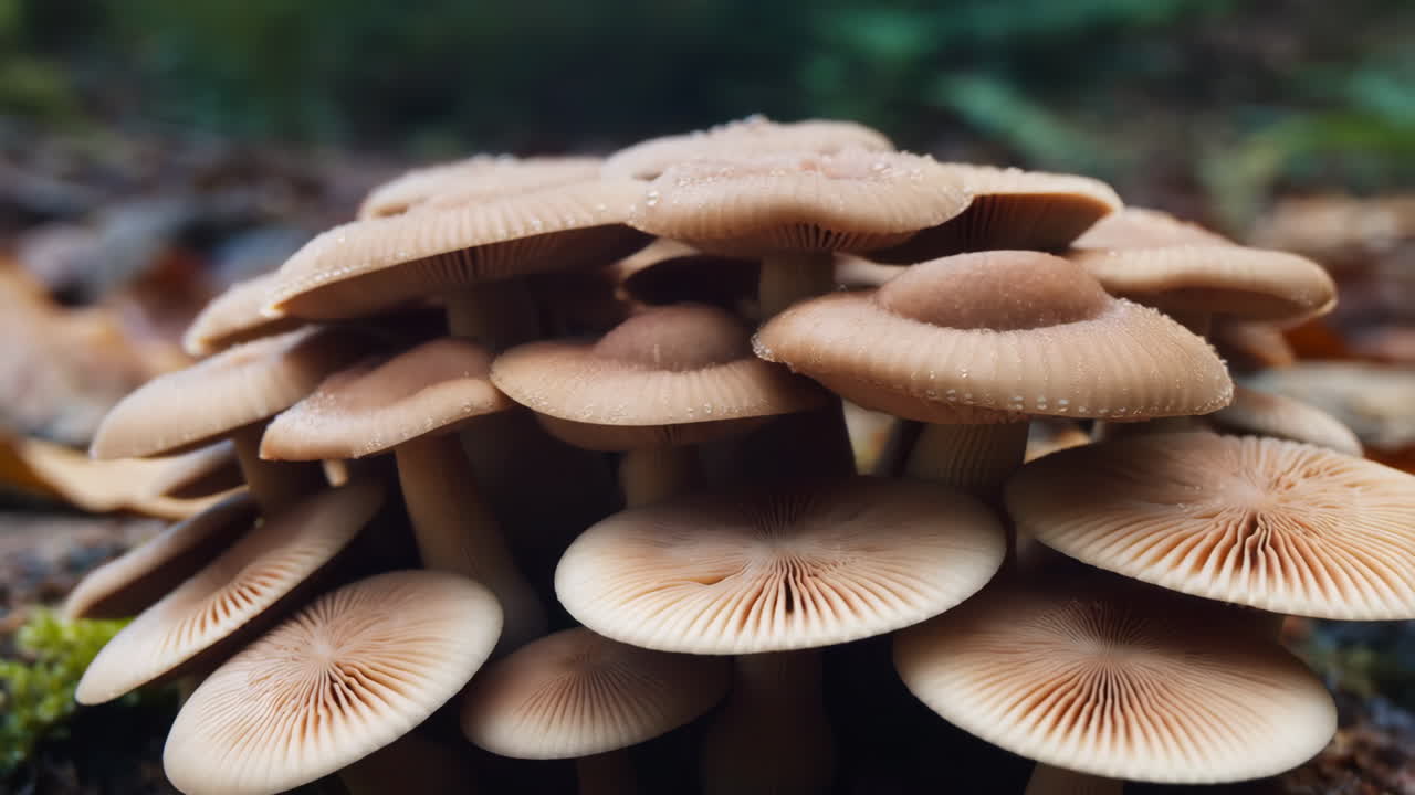 Close-up of a cluster of wild mushrooms in a forest