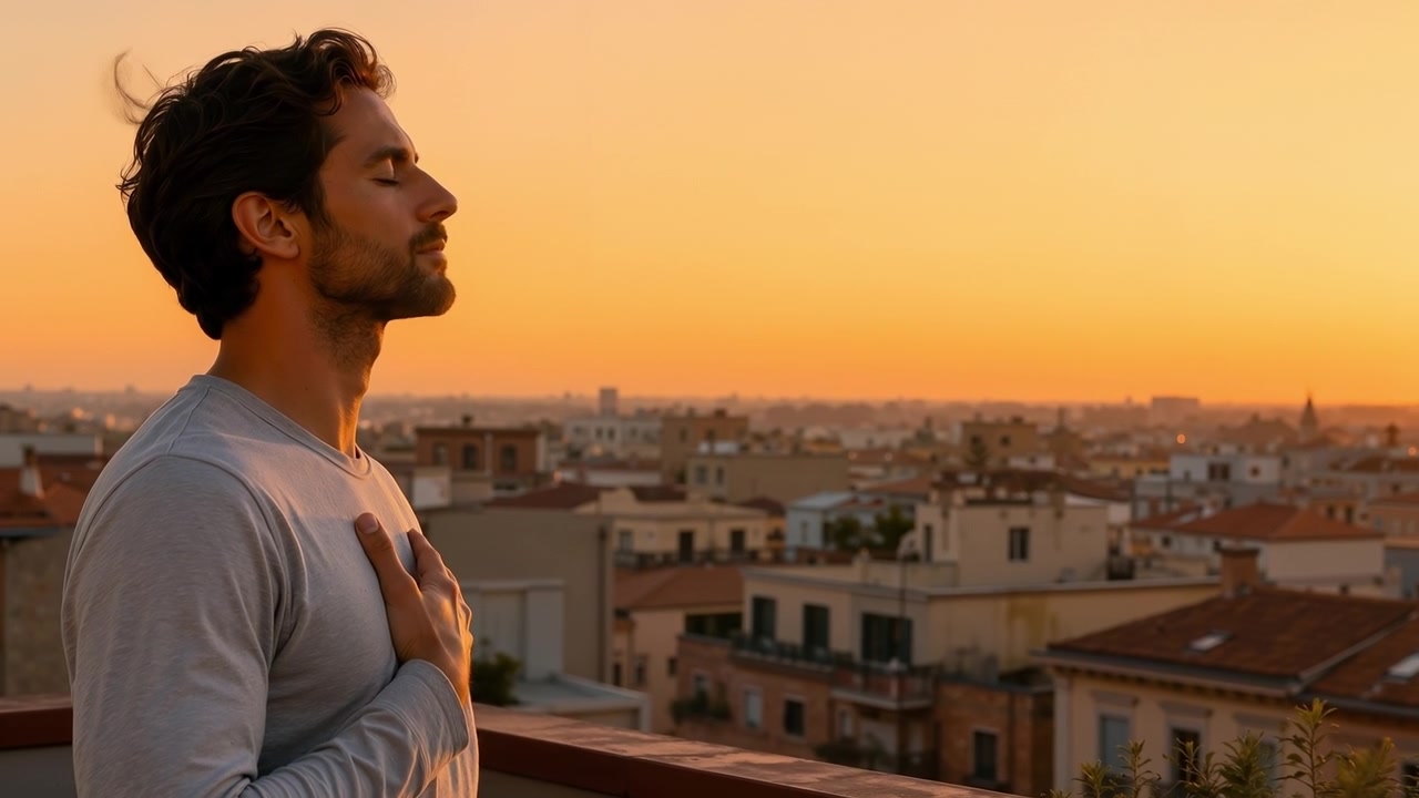 Giovane uomo in piedi su un tetto al tramonto con le mani sul petto che respira profondamente.