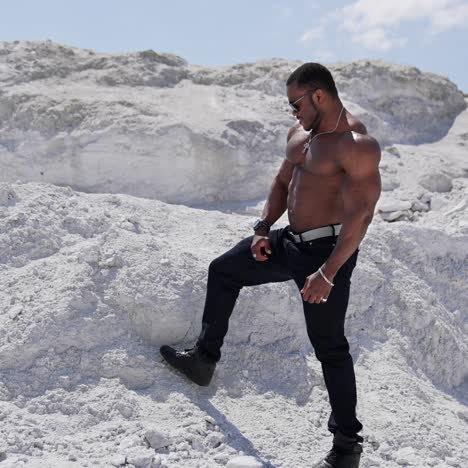 fit young man with beautiful torso. naked torso of african american man posing outdoor