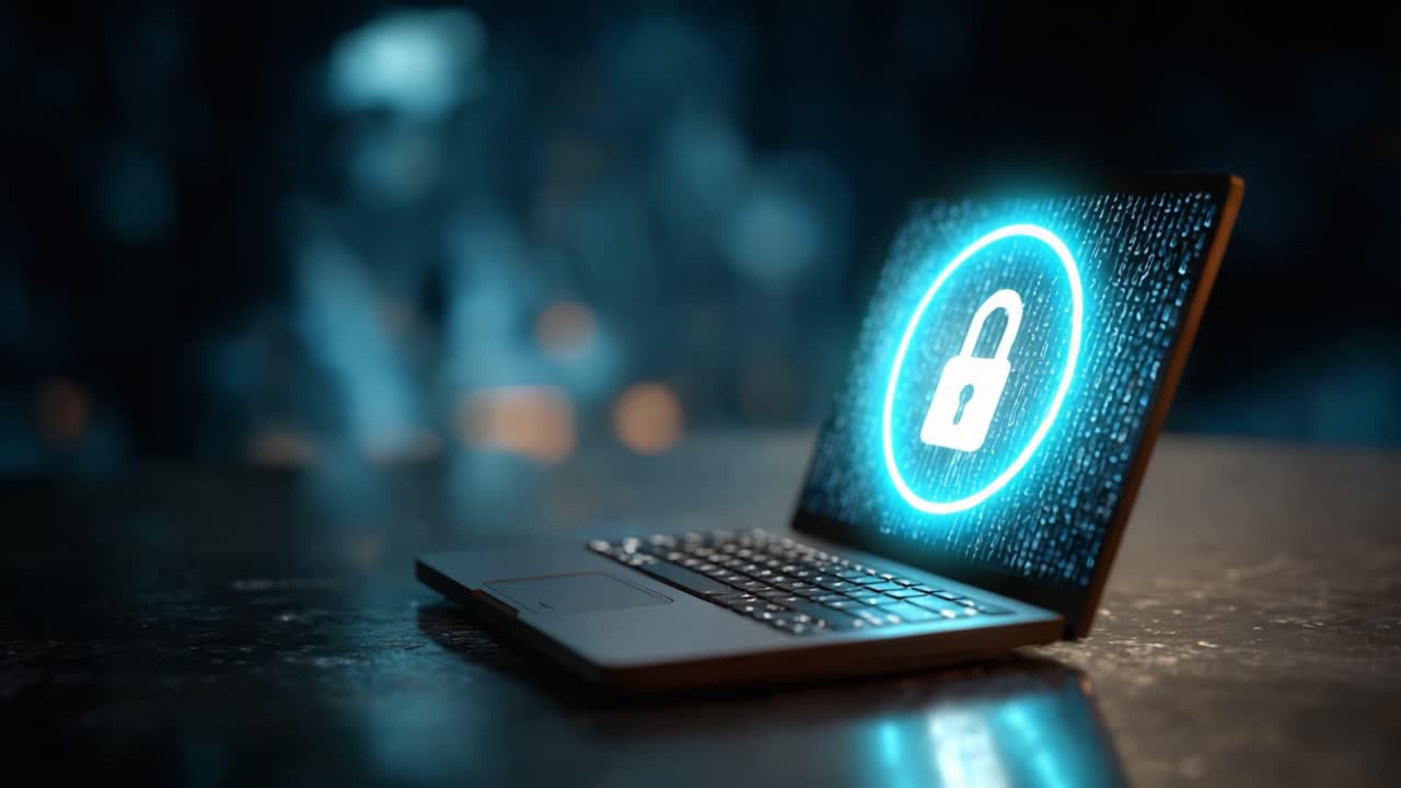 A Visual Representation of Cybersecurity: A Laptop with a Digital Lock Symbol Against a High-Tech Background, Signifying Protection and Data Security in the Digital Era