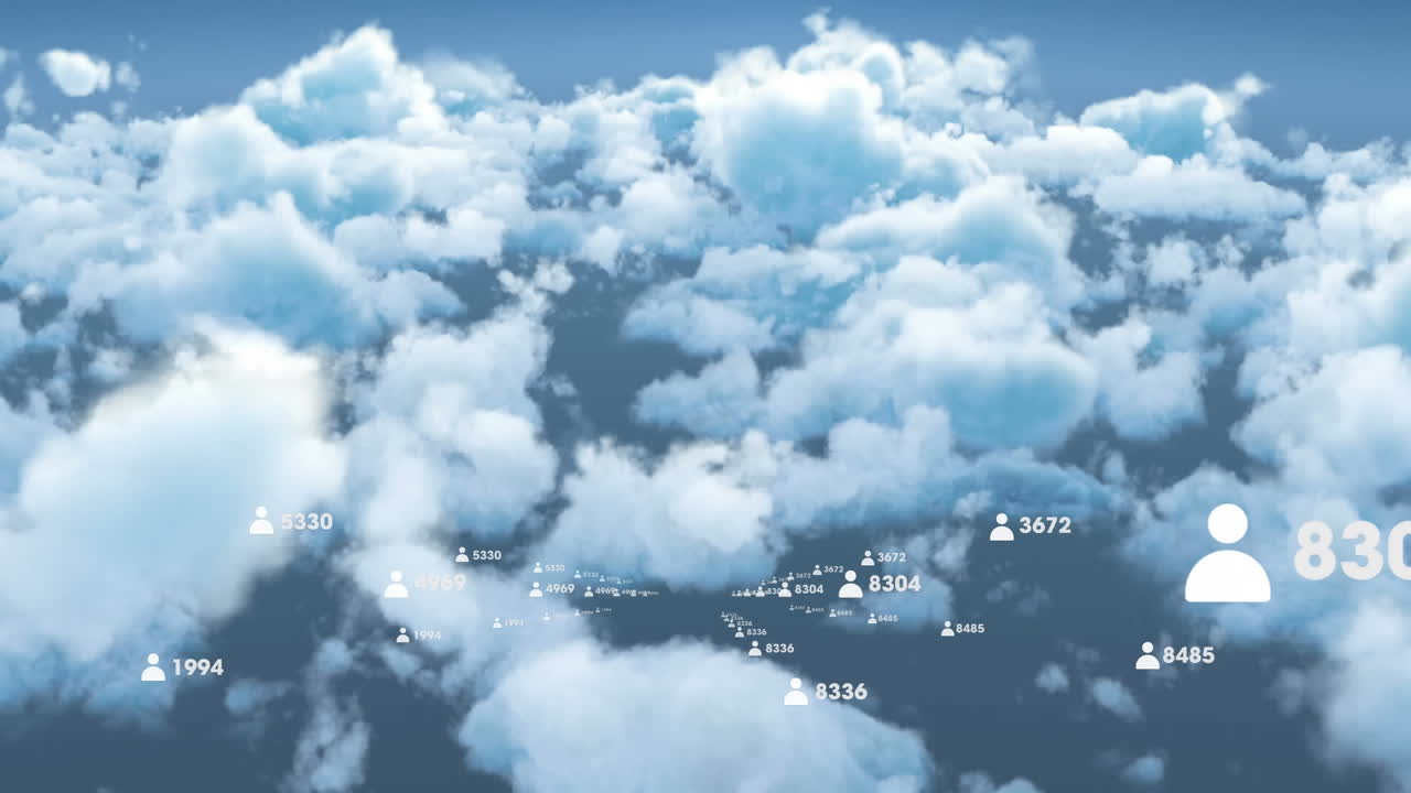 하늘 위의 아이콘과 숫자를 가진 연결 네트워크의 애니메이션