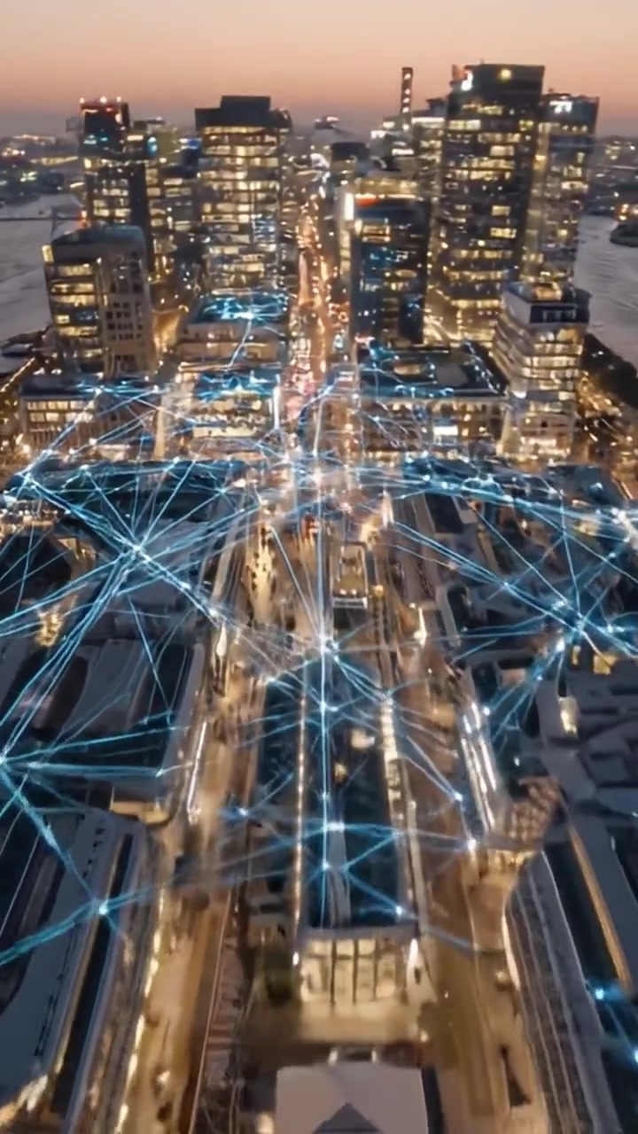 Un Paesaggio Urbano Vibrante Illuminato da Luci Laser Colorate e Energia Dinamica che Scorre per le Strade Urbane al Crepuscolo, Catturando l'Essenza della Civiltà Moderna