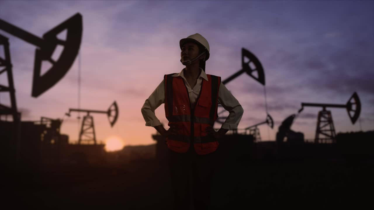 ingeniera asiática con casco de seguridad inspecciona bombas de petróleo al amanecer en un gran campo petrolífero. de pie con los brazos akimbo, mirando a su alrededor y sacudiendo la cabeza