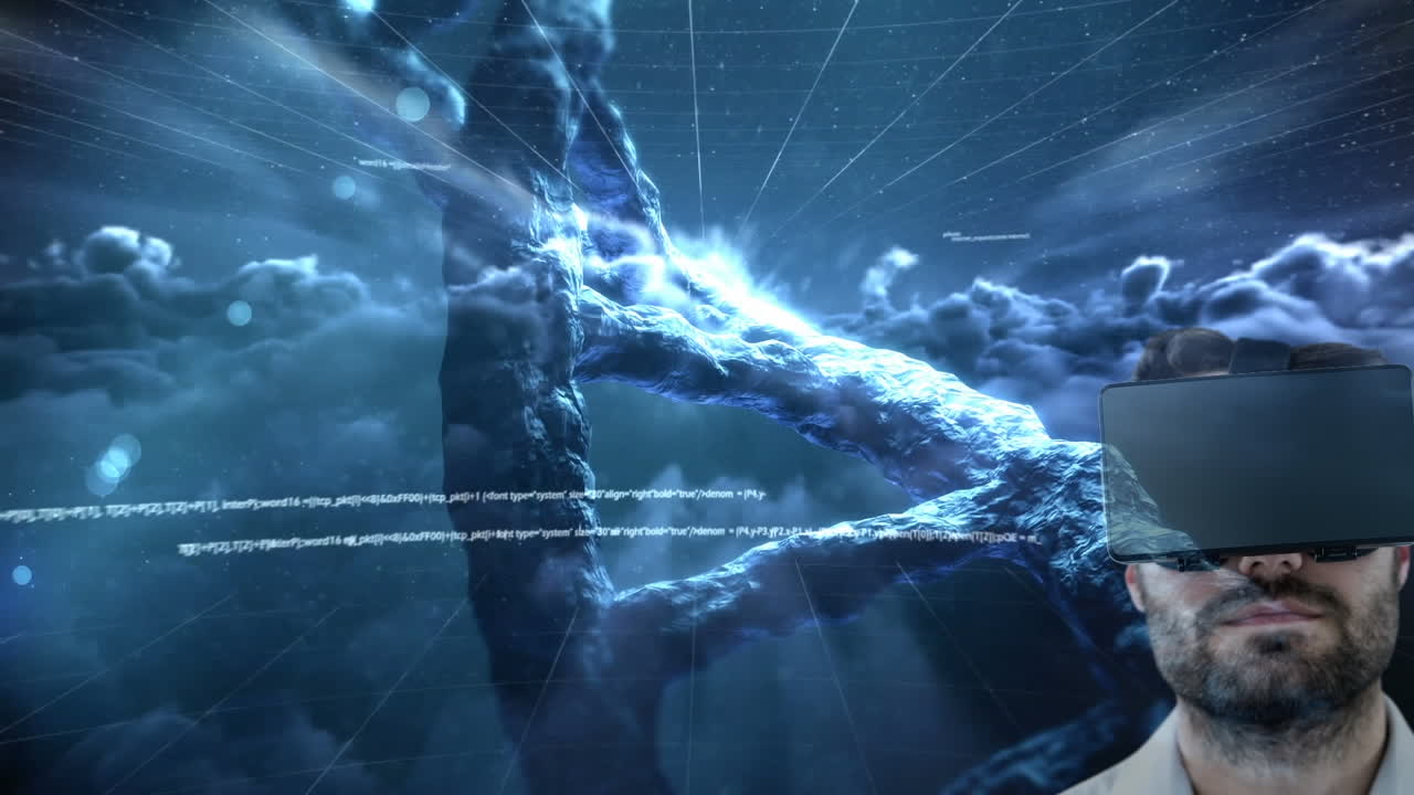 animación de la hebra de adn girando, hombre con auriculares vr contra el cielo con nubes