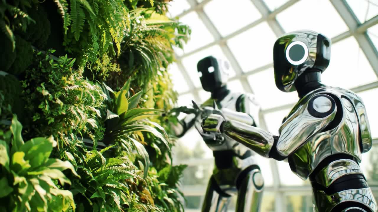 Robotic Gardeners Nurturing Nature: Advanced Automation Meets Sustainable Greenery in a Modern Biophilic Environment